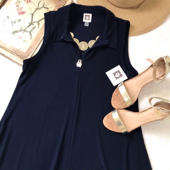 NWT Anne Klein Collared Swing Dress Navy - Picture 2 of 16